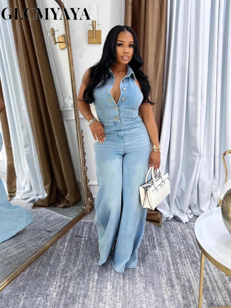 FZ Women's Sleeveless Single Breasted Wide Leg Denim Jumpsuit