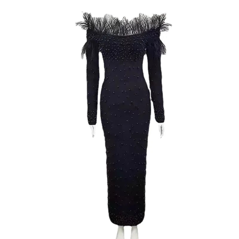 FZ Women's Plus Size Off Shoulder Feather Slim Embroidered Flares Dress