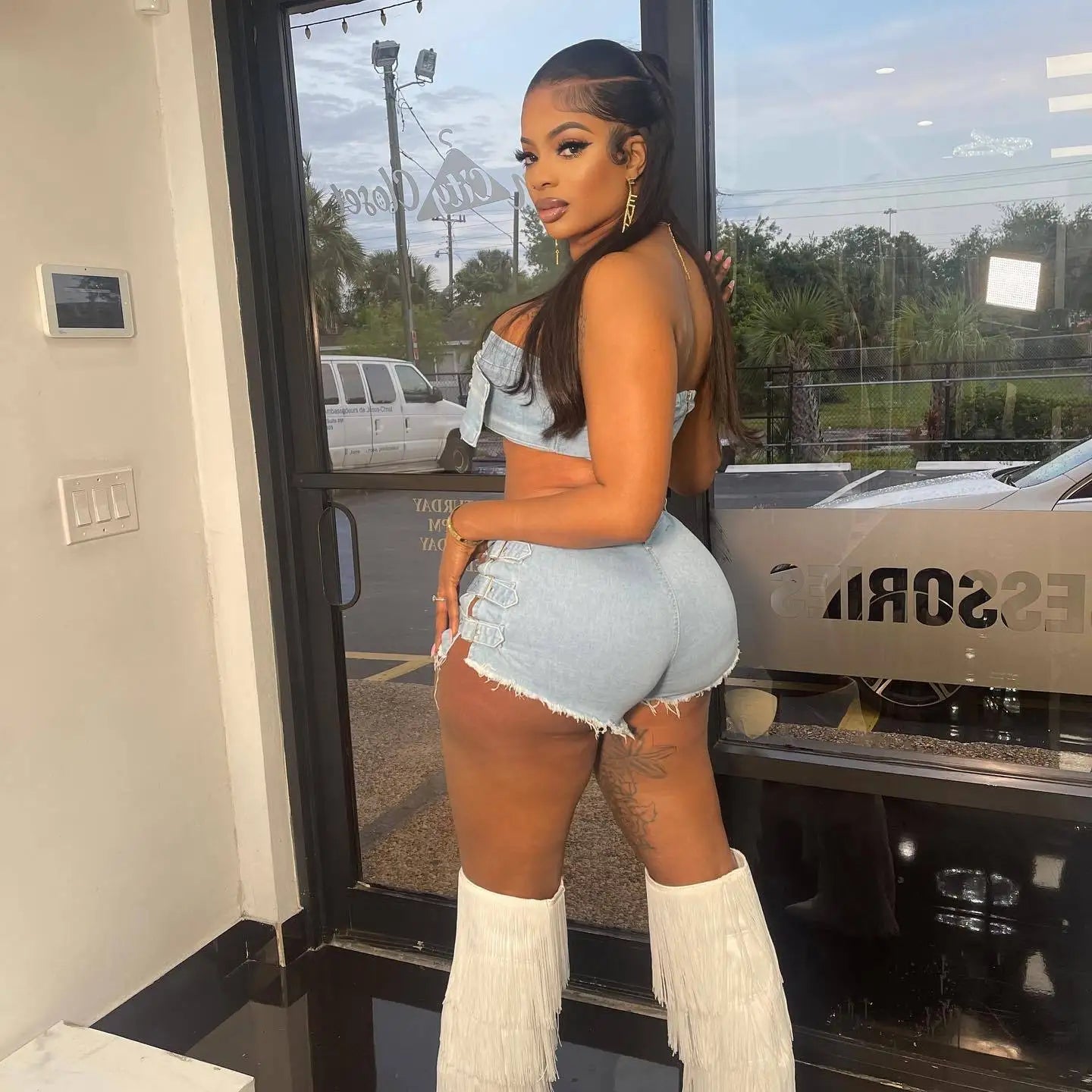 FZ Women's Drill Set Wrap Waist Waist Slim Denim Shorts Suit - FZwear