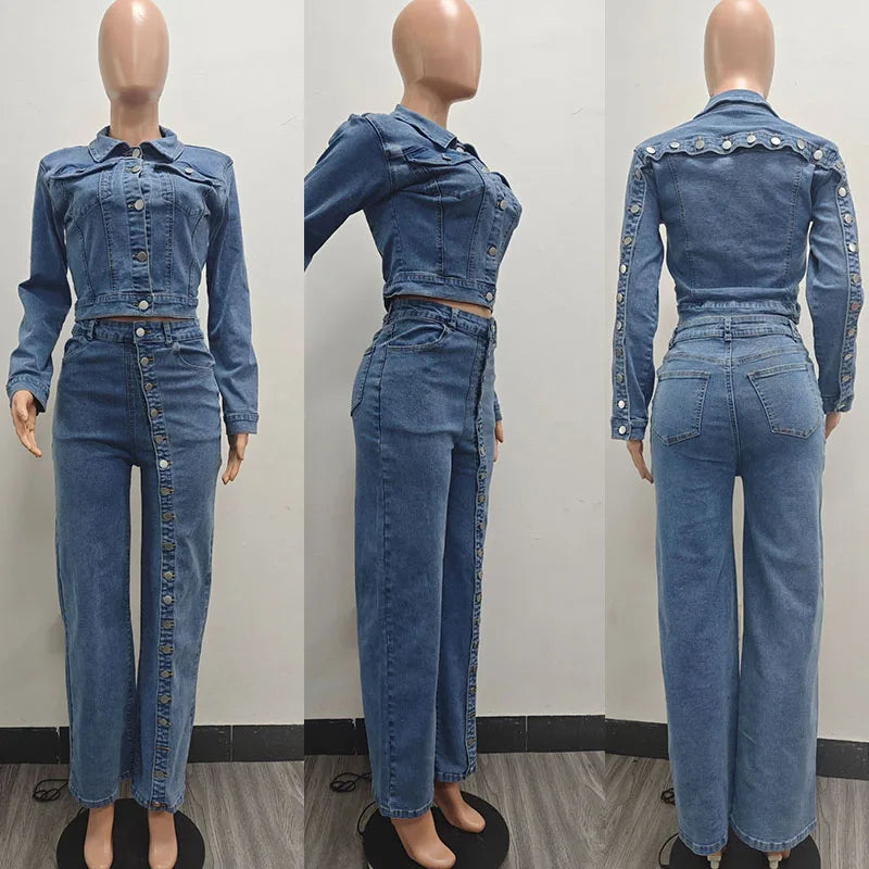 FZ Women's Streetwear Single-breasted Button 2 Piece Wide Leg Denim Pants Suit