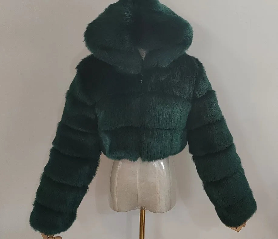 FZ Women's Faux Fur Thick Warm Hooded Open Stitch Short Coat Jacket