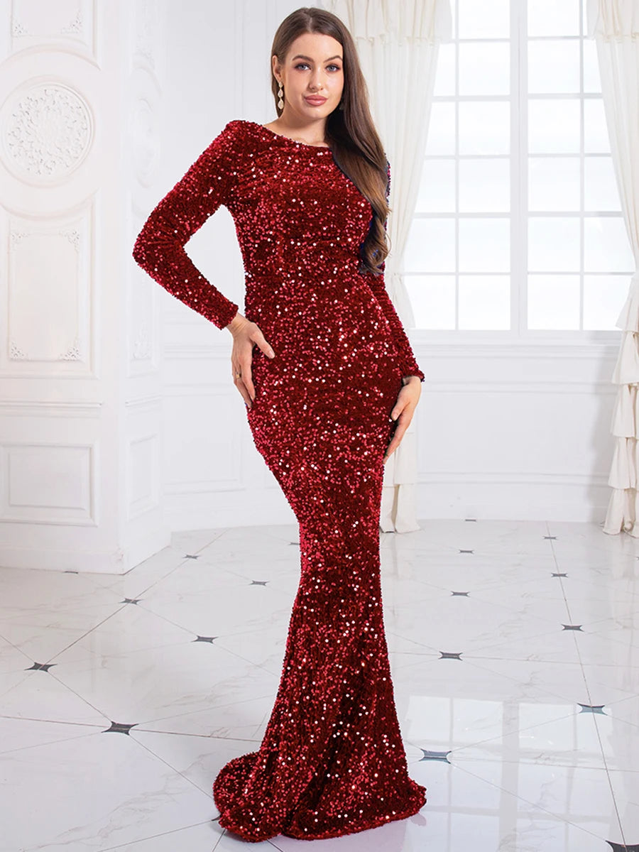 FZ Women Sequin O Neck Full Sleeved Mermaid Evening Dress
