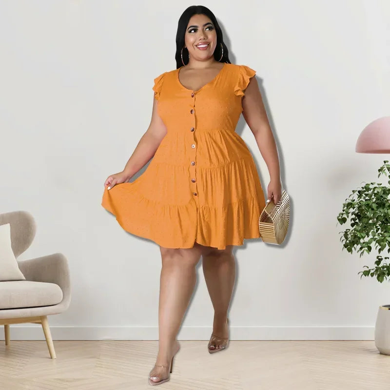 FZ Women's Plus Size Solid Ruffles Short Sleeve Turn-down Collar Single Breasted Dress