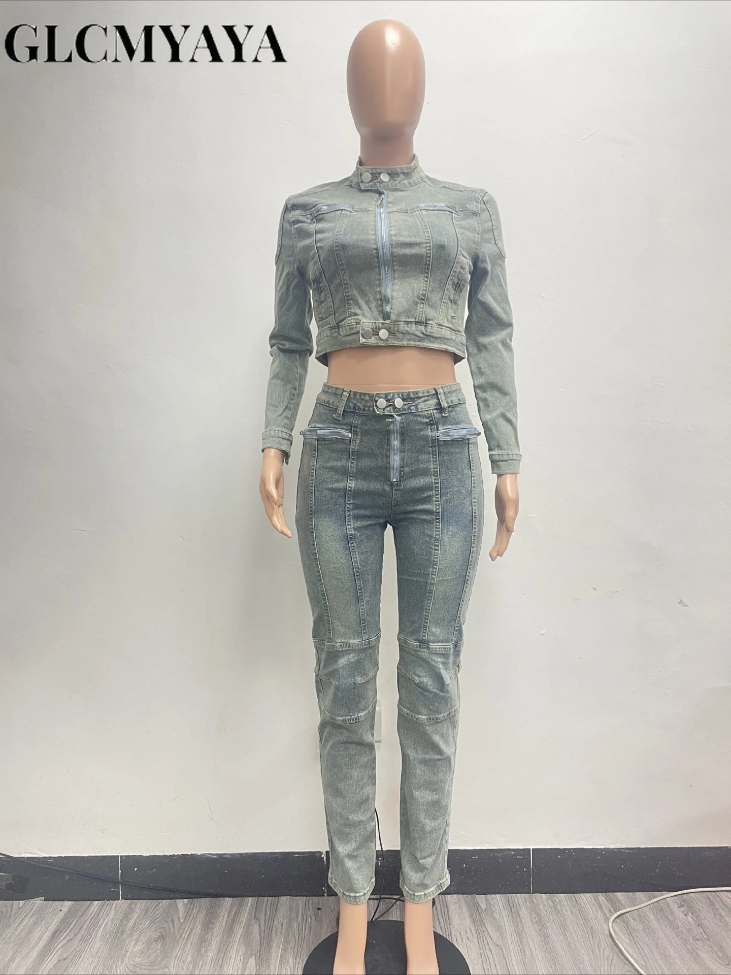 FZ Women's Patchwork Pencil Street Two 2 Piece Washed Denim Pants Suit