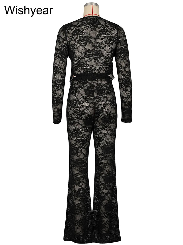 FZ Women's Black Lace Long Sleeve Stretch Flare Two Piece Pants Suit