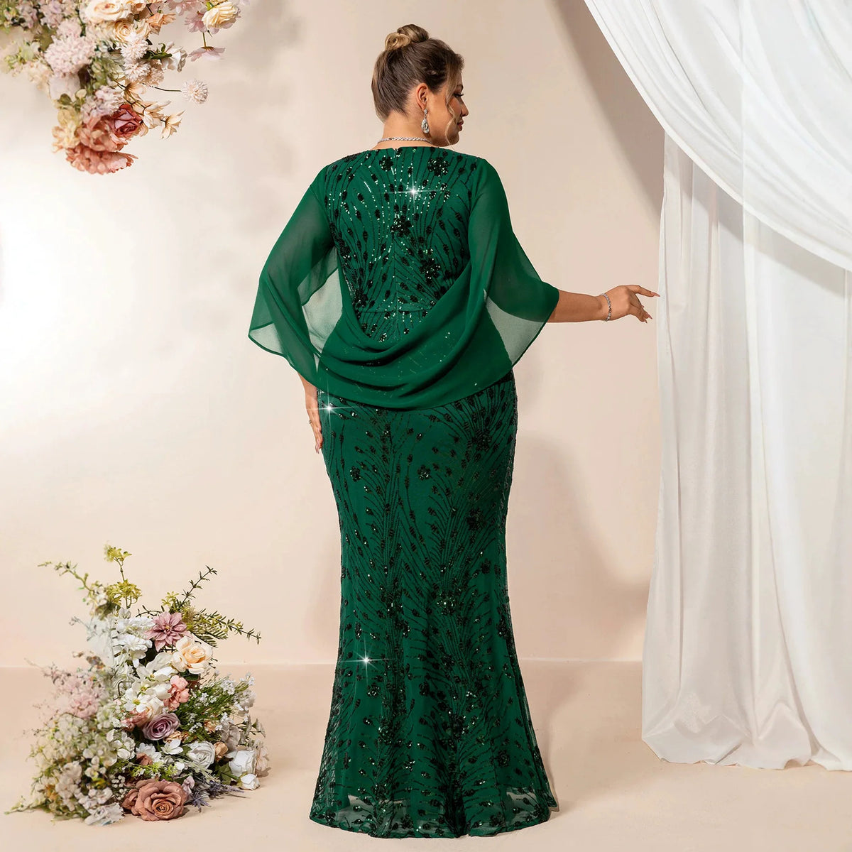FZ Women's Plus Size Chiffon Sleeve Mermaid Sequins Evening Dress