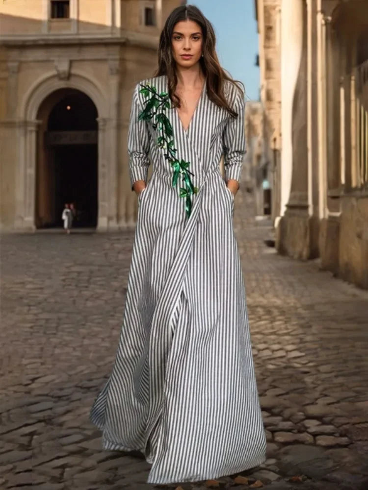 FZ Women's Striped A-line V Neck Long Sleeve Printed Max Dress