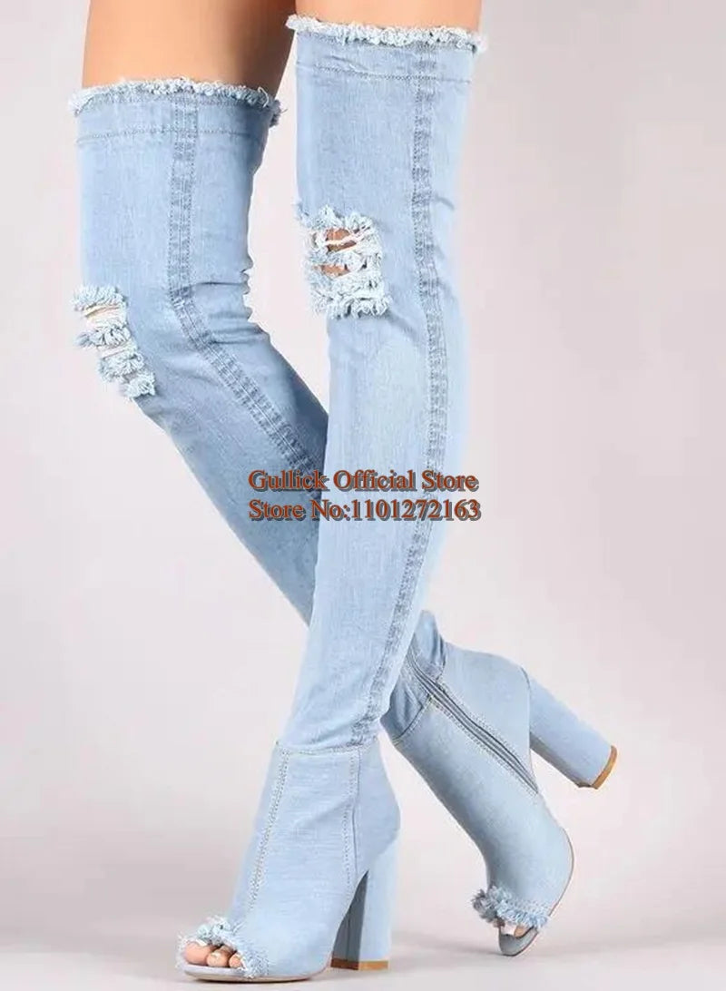 FZ Women's Chunky Heels Peep Toe Over The Knee Thigh High Denim Boots