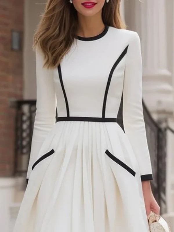 FZ Women's French Style Vintage Block Lines Flared Midi Dress