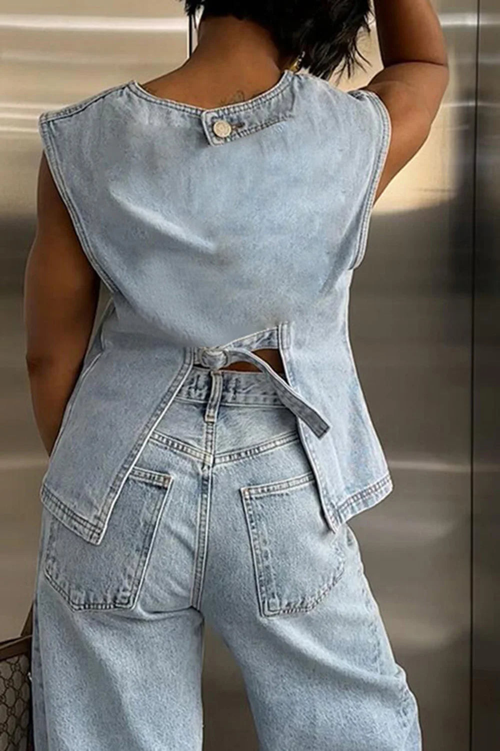 FZ Women's Plus Size Casual Round Neck Two Piece Denim Shorts Suit