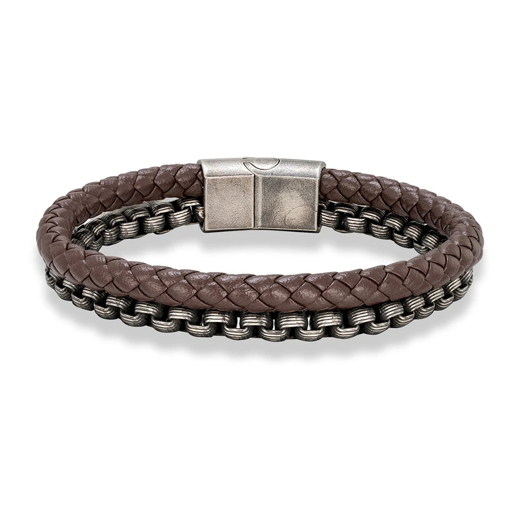 FZ Punk Rock Chain Stainless Steel Magnet Button Leather Bracelet