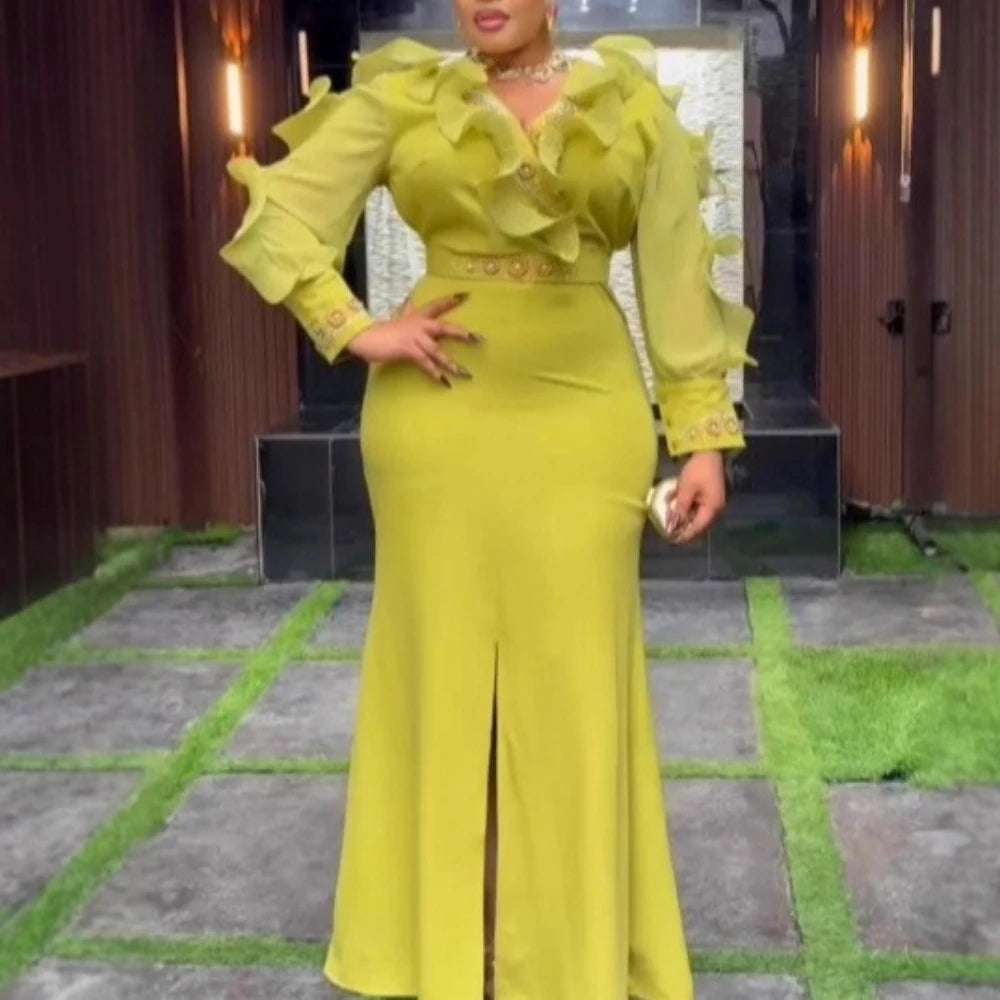 FZ Women's Plus Size V Neck Long Sleeve Slit Package Party Peplum Maxi Dress