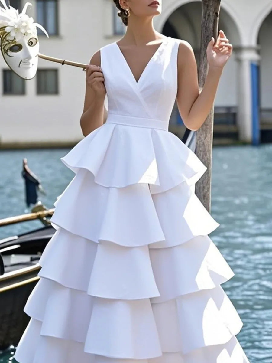 FZ Women's Tiered Sheer V-neck Sleeveless A-line Pleated Maxi Dress