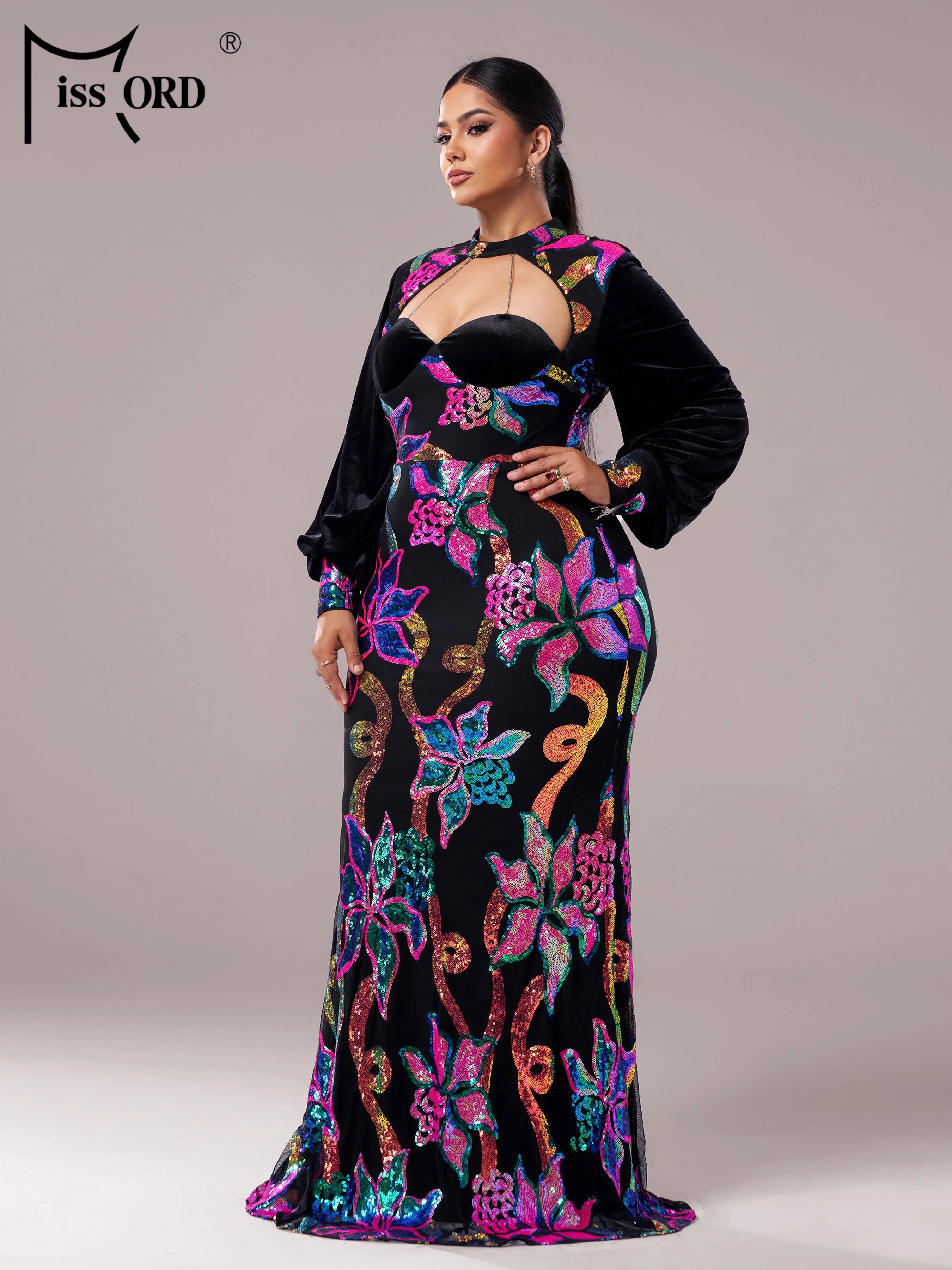 FZ Women's Plus Size Floral Round Neck Long Sleeved Sequin Mermaid Evening Dress