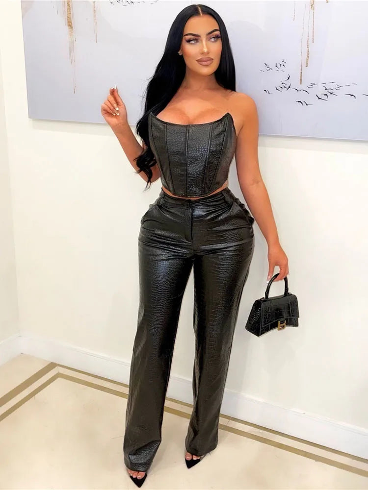 FZ Women's Cut-Out Sexy Sleeveless PU Leather 2 Piece Pants Suit