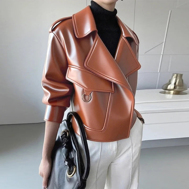 FZ Women's Vintage Long Sleeves Buttoned Faux PU Leather jacket