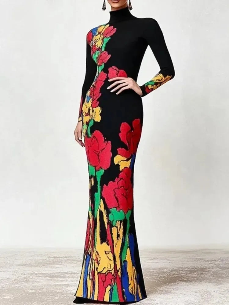 FZ Women's Elegant Floral Printed Turtleneck Long Sleeves Mermaid Maxi Dress