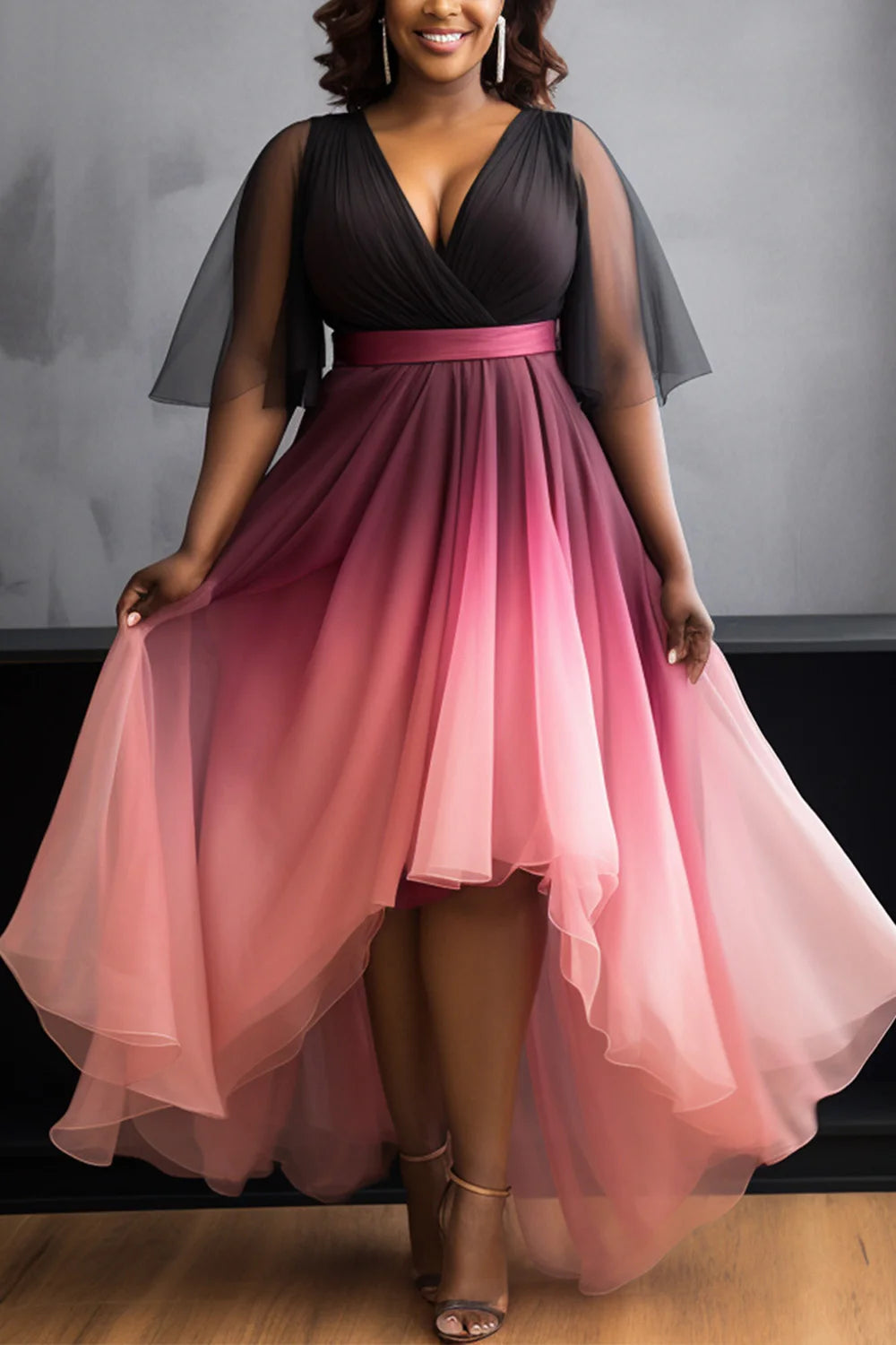 FZ Women's Plus Size Gradient V Neck Short Sleeve Asymmetric Hem Chiffon Midi Dress