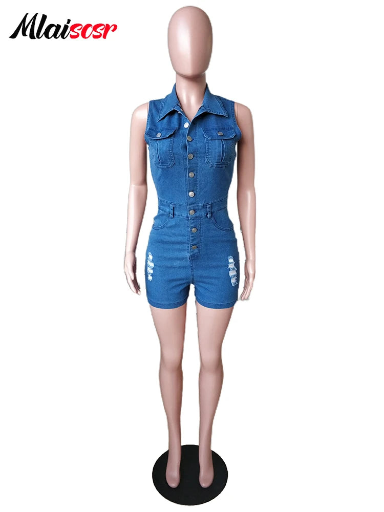 FZ Women's One Pieces Turn Down Collar Single Breasted Shorts Denim Jumpsuits