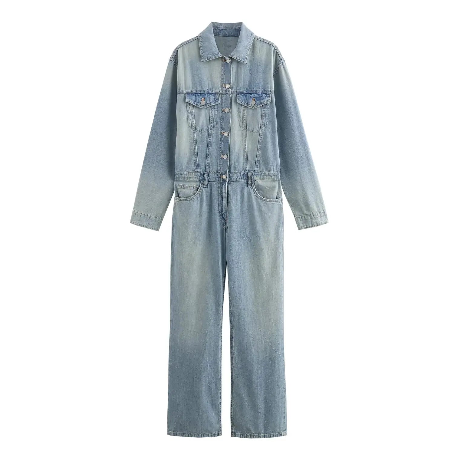 FZ Women's Washed Effect Metal Button Straight Denim Jumpsuit