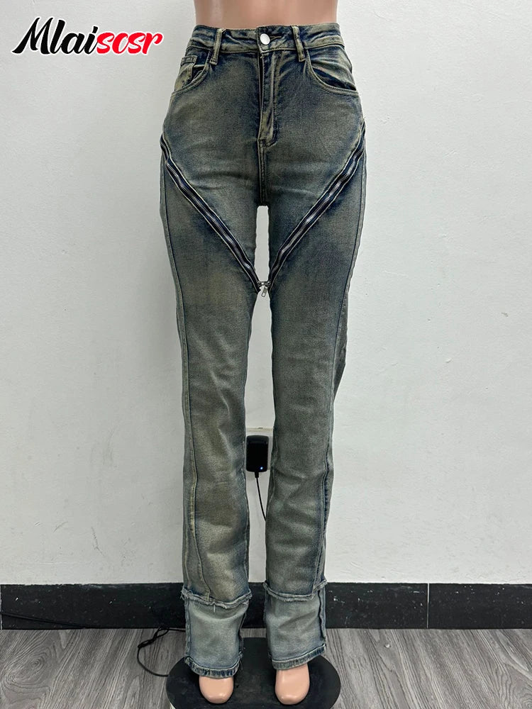 FZ Women's Streetwear Patchwork High Waist Button Fly Slim Denim Pants