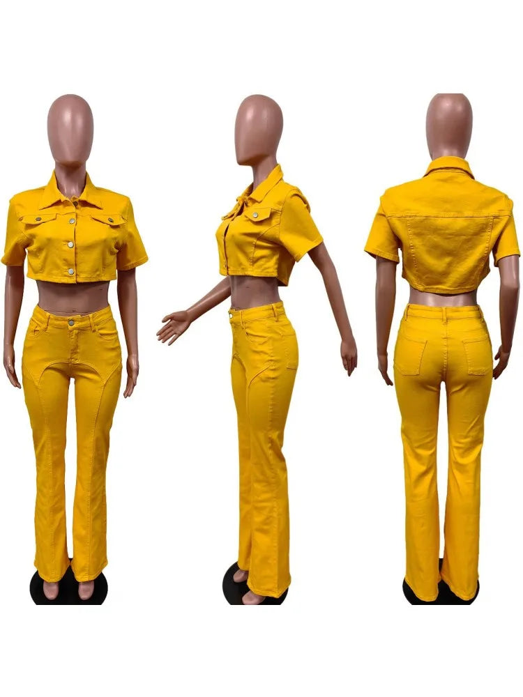 FZ Women's High Street Colorful Stretch Two Pieces Elegant Denim Pants Suit