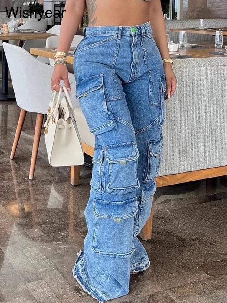 FZ Women's Wide Leg High Waist Button Pockets Streetwear Cargo Denim Pants