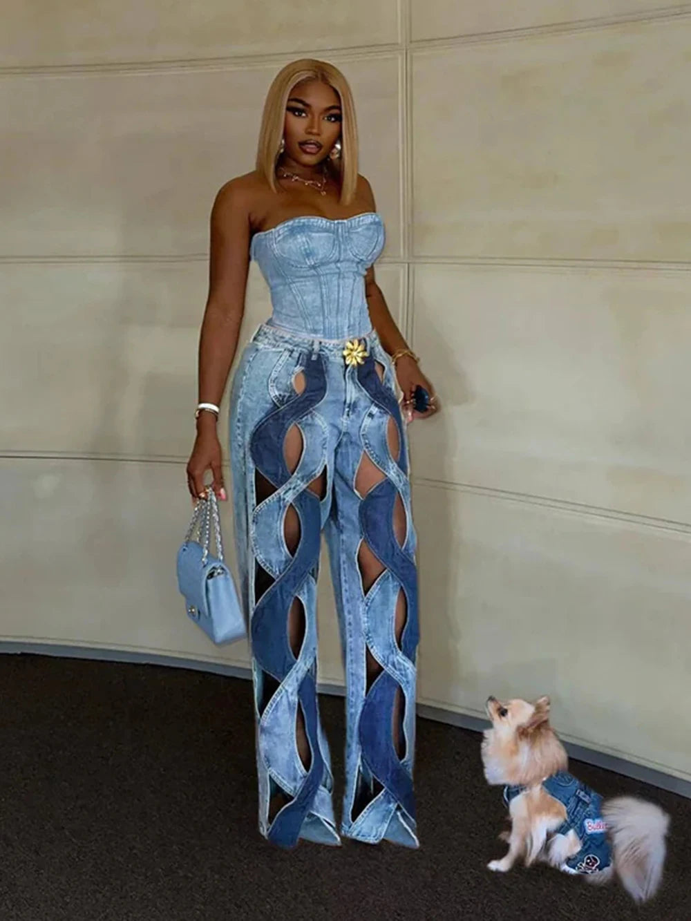 FZ Women's Sexy Hollow Out High Waist Patchwork Wide Leg Denim Pants - FZwear