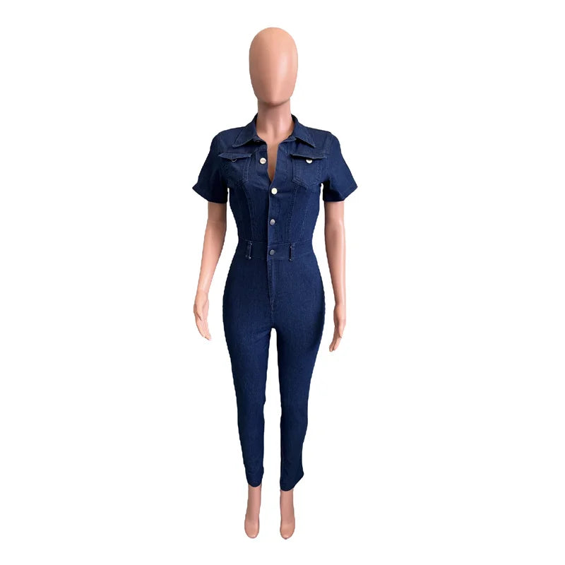 FZ Women's Commuter Slim Fit Pencil Tight Single-breasted Denim Jumpsuit