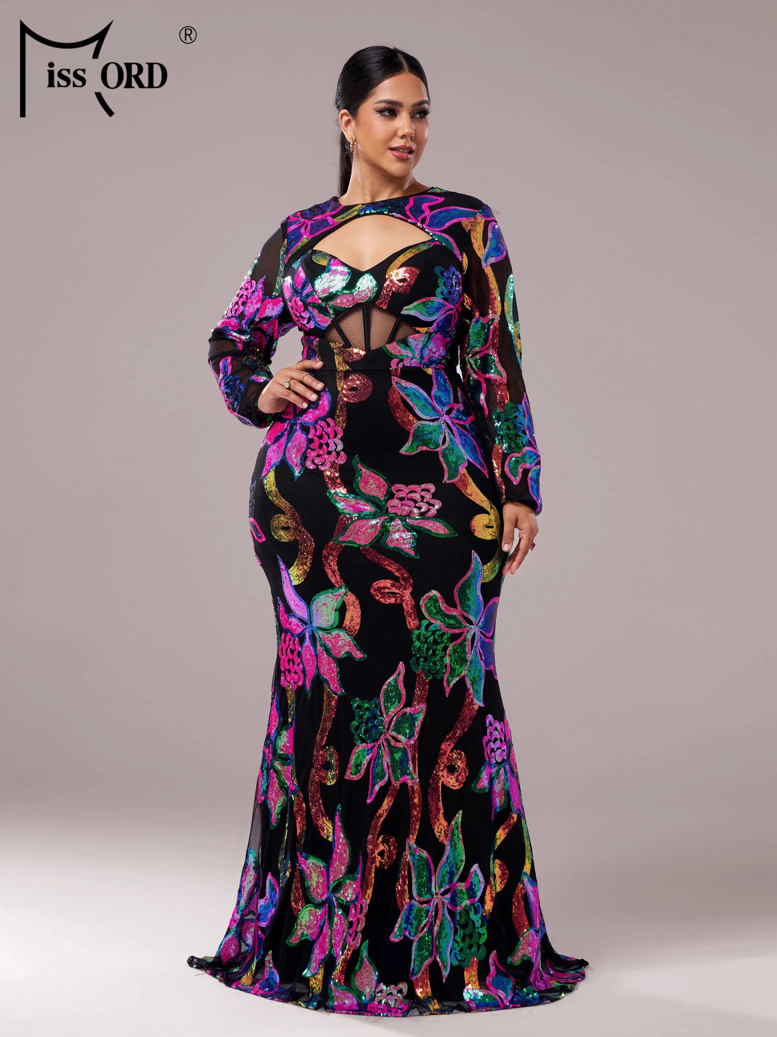 FZ Women's Plus Size Floral Round Neck Long Sleeved Sequin Mermaid Evening Dress