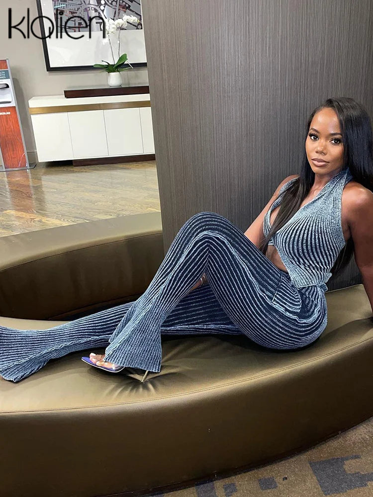 FZ Women's Halter Backless High Waist Y2K Flare Denim Pants Suit - FZwear