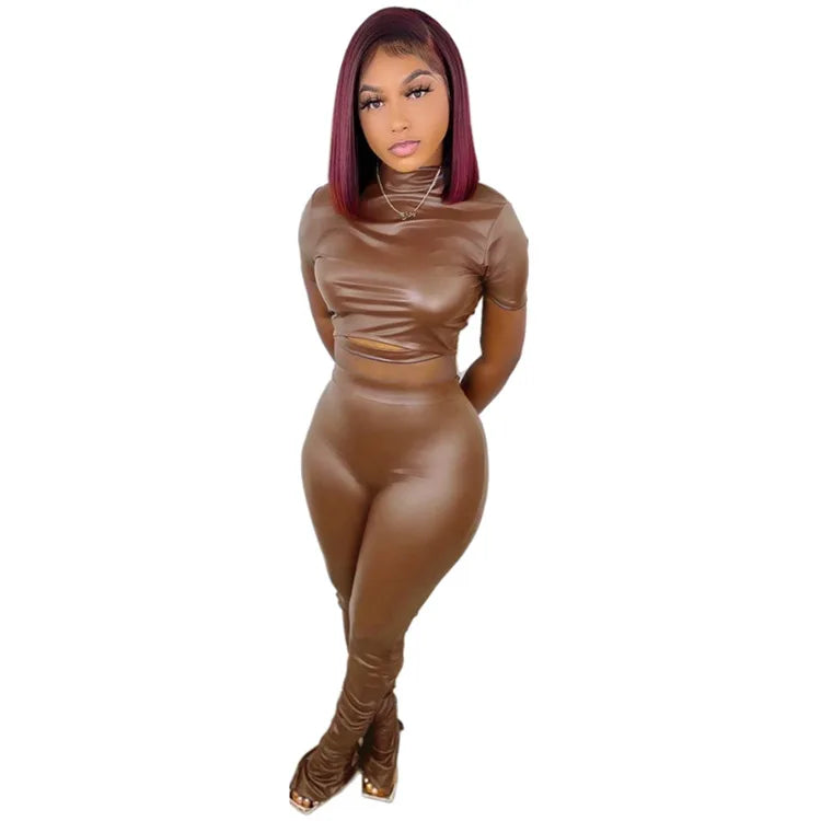 FZ Women's Solid Bandage Sexy Slim PU Leather Two Piece Pants Suit - FZwear