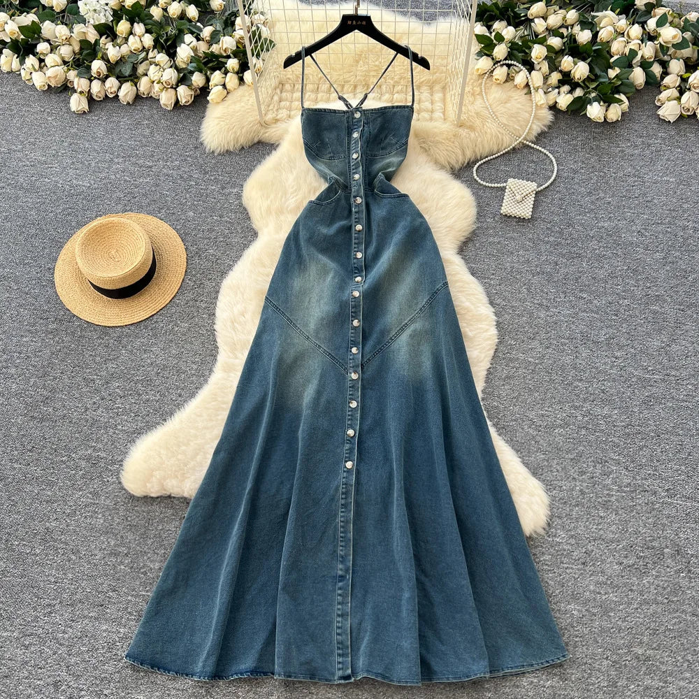 FZ Women's Sling Strapless A Line Streetwear Sleeveless Denim Dress