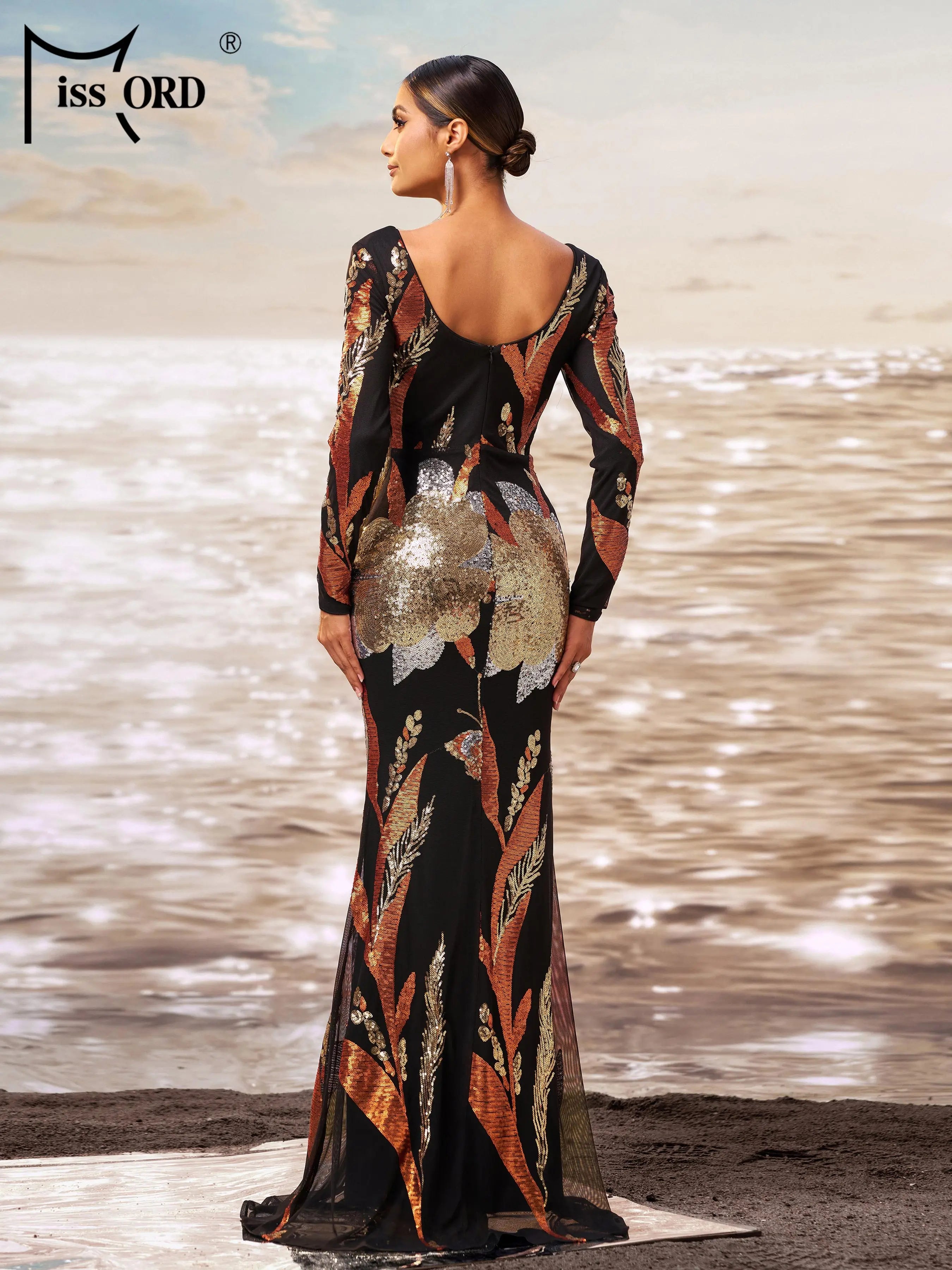 FZ Wokmen's Floral Long Sleeved Sequin Mermaid Evening Dress