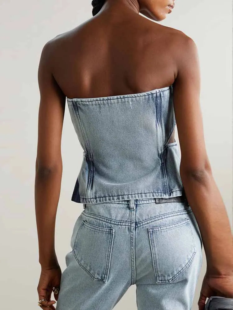 FZ Women's Slim Strapless Backless Hollow Out Denim Pants Suit