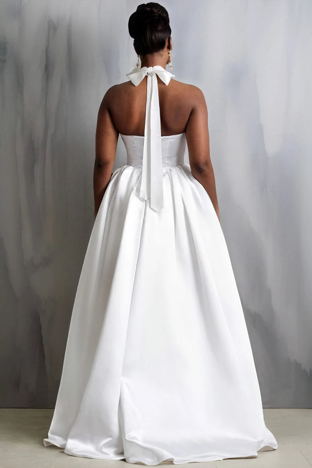 FZ Women's Plus Size White Halter Collar 3D Elegant High Low Hem Satin Maxi Dress