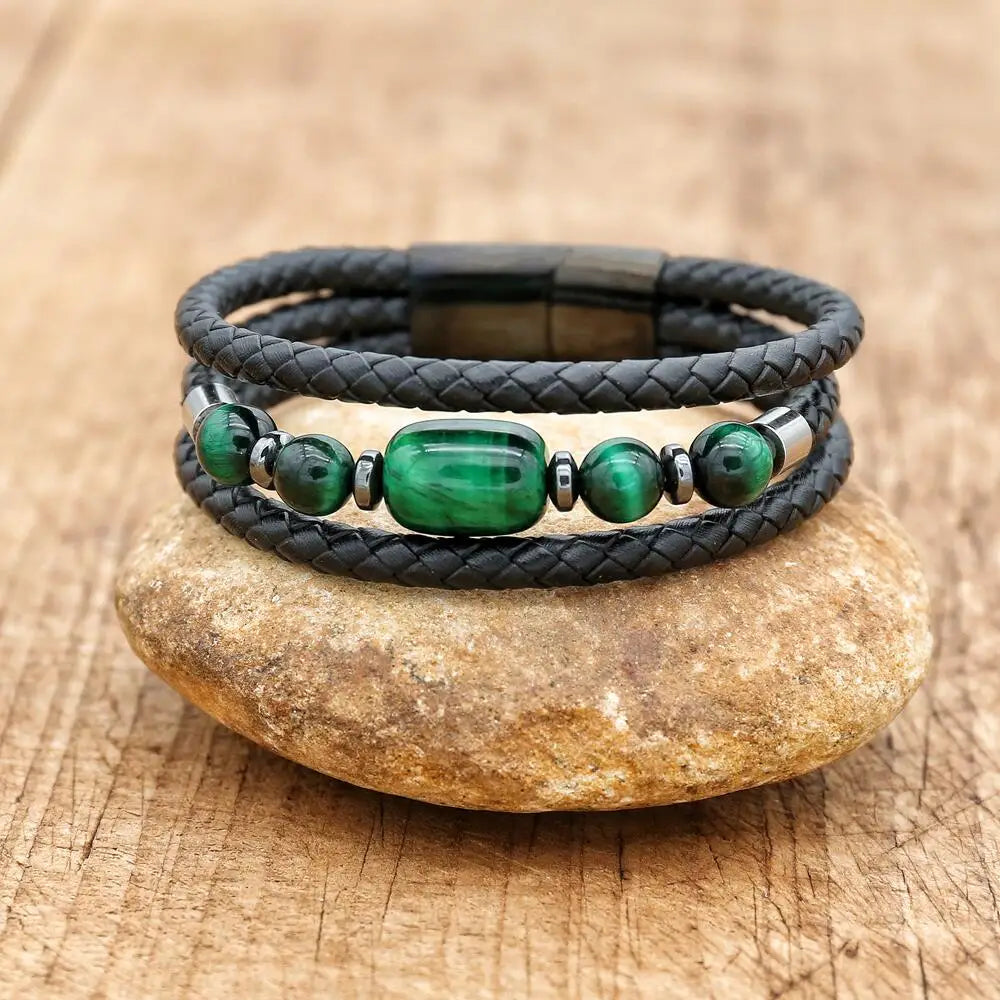 FZ Natural Stone Leather Stainless Steel Leather Green Tiger Eye Bracelet - FZwear