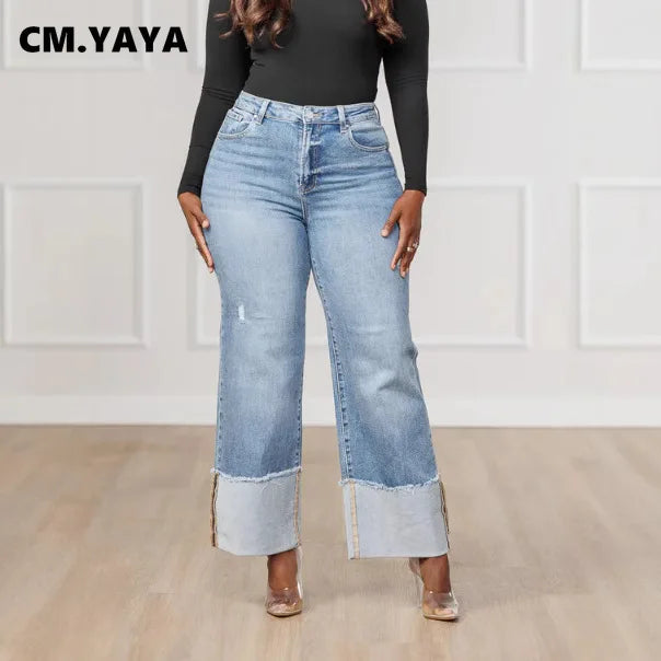 FZ Women's Streetwear Straight Washed Patchwork Wide Leg Ripped Denim Pants