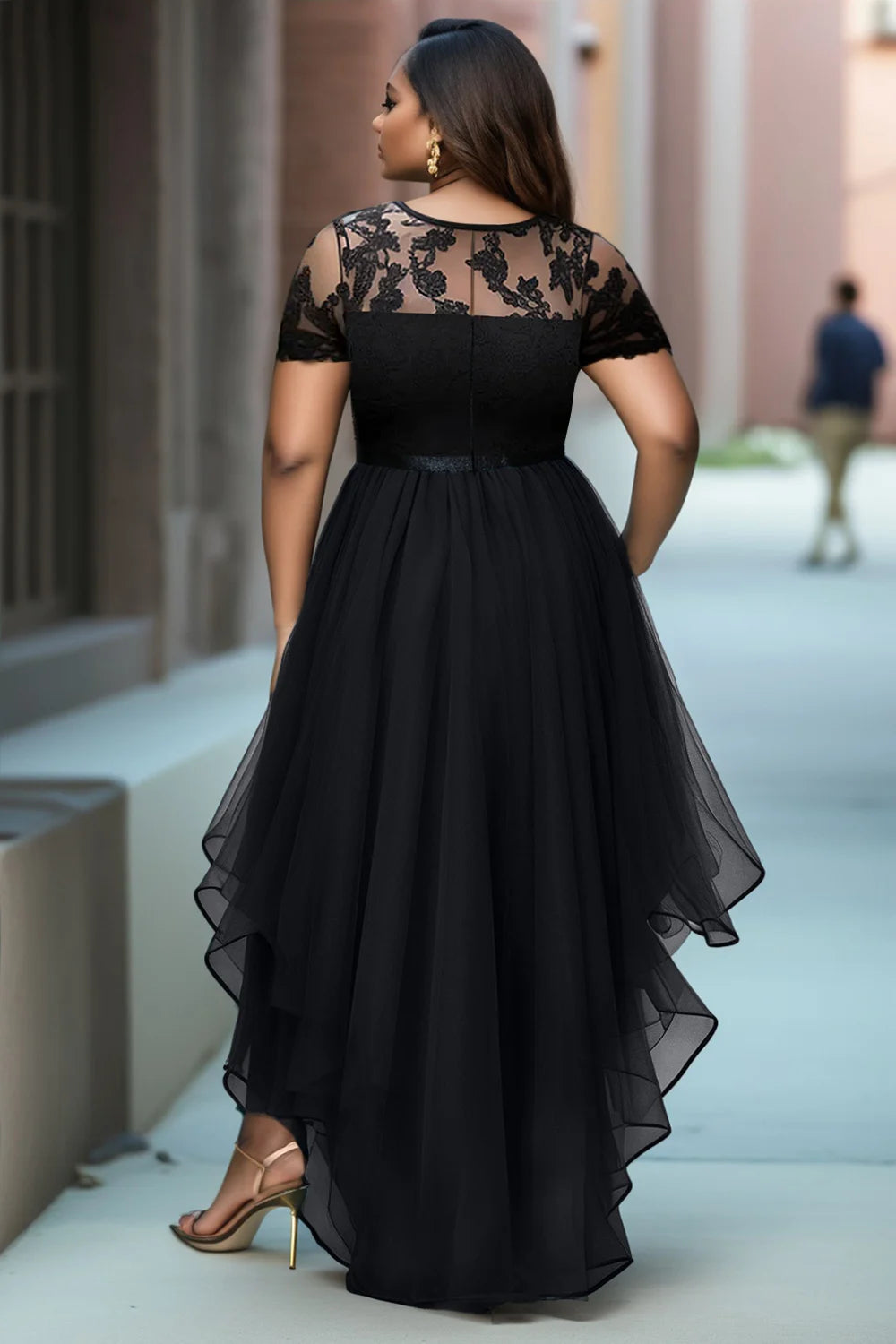 FZ Women's Plus Size Cocktail Round Neck Short Sleeve Asymmetric Hem Mini Dress