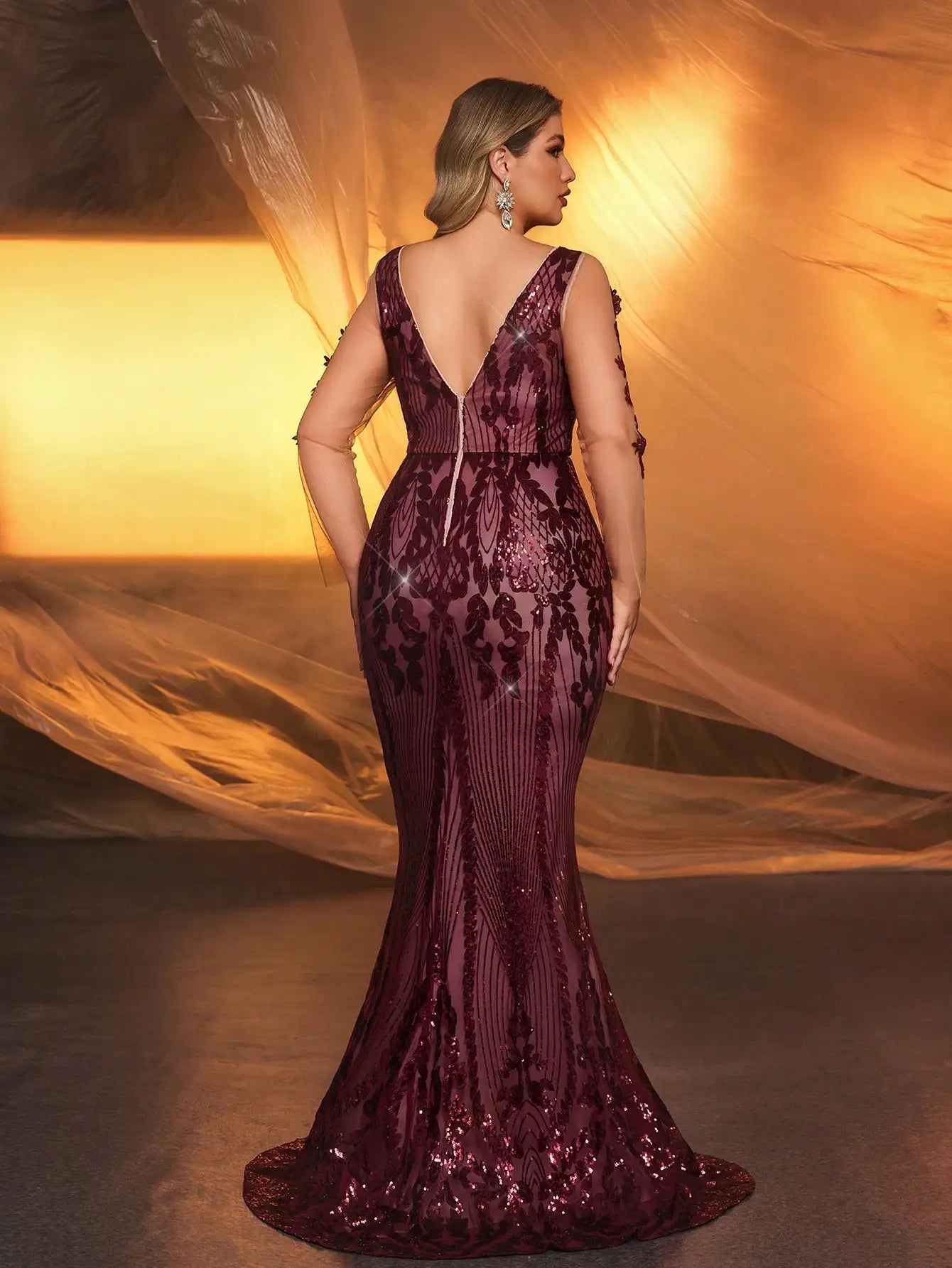 FZ Women's Plus Size Mermaid Sequin Embroidery Floor Length Evening Dress