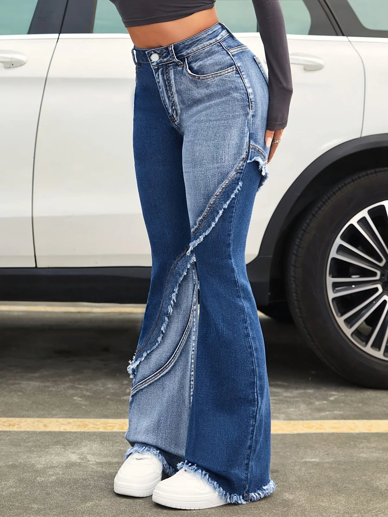 FZ Women's Two-Tone Washed With Raw Edge Details Mid-rise Stretch Flared Denim Pants