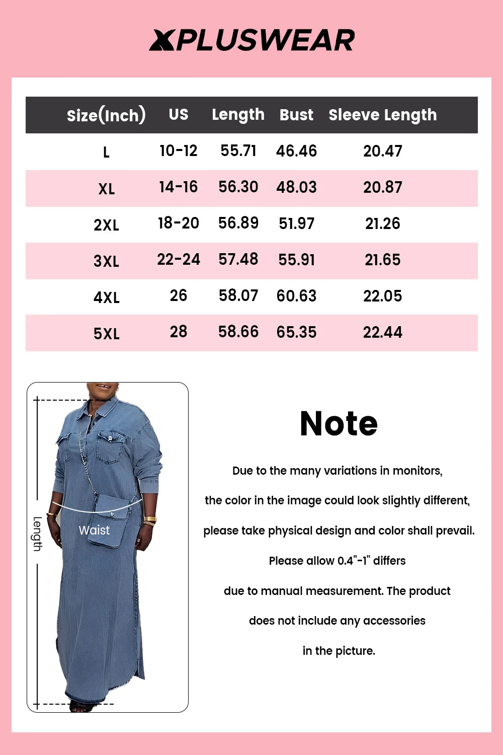 FZ Women's Plus Size Shirt Collar Long Sleeve Button Pocket Maxi Denim Dress
