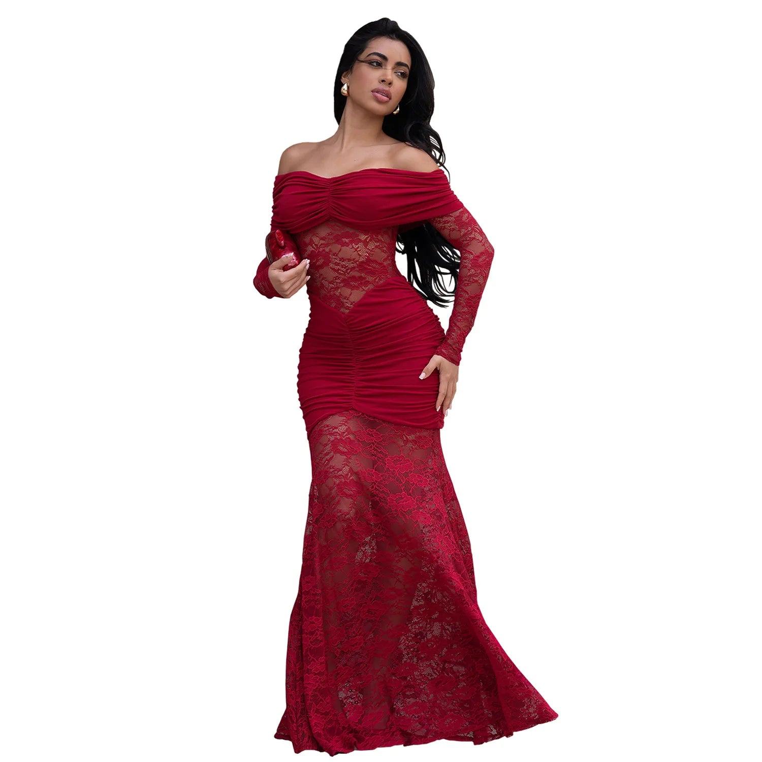 FZ Women's Lace See Through Patchwork Off Shoulder Long Sleeves Evening Dress