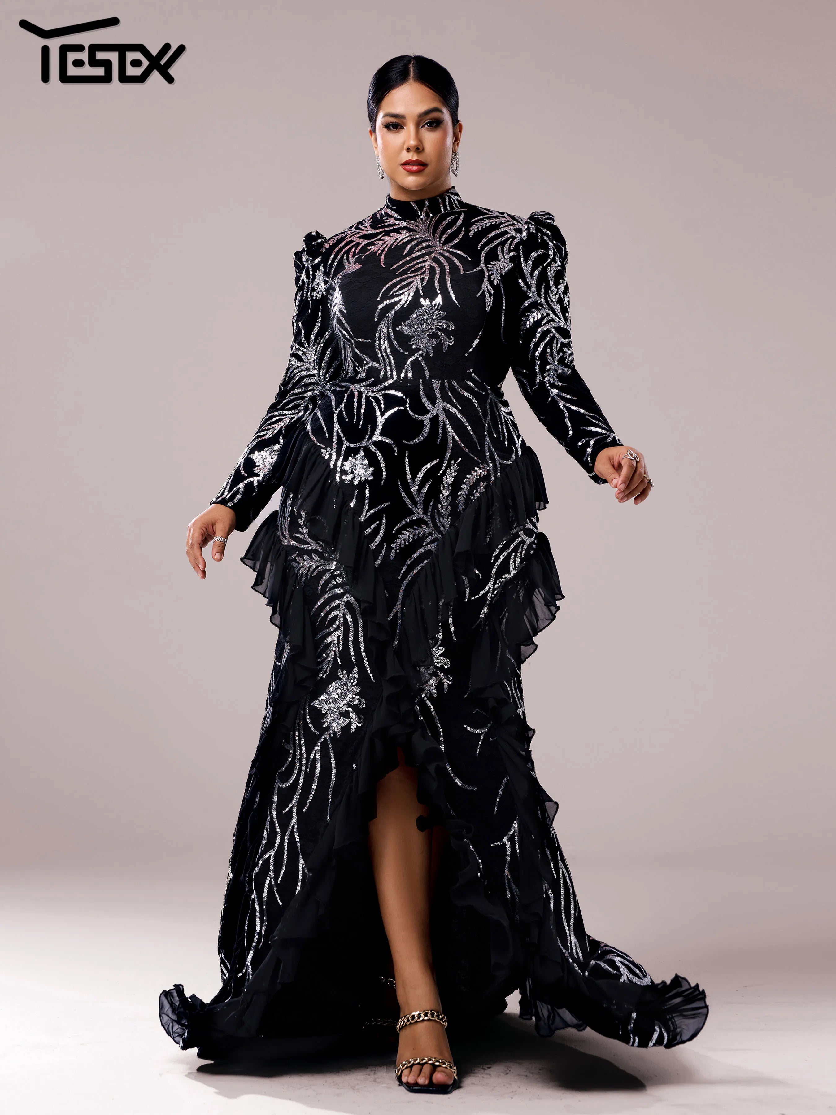 FZ Women's Plus Size Round Neck Long Sleeved Split Evening Dress