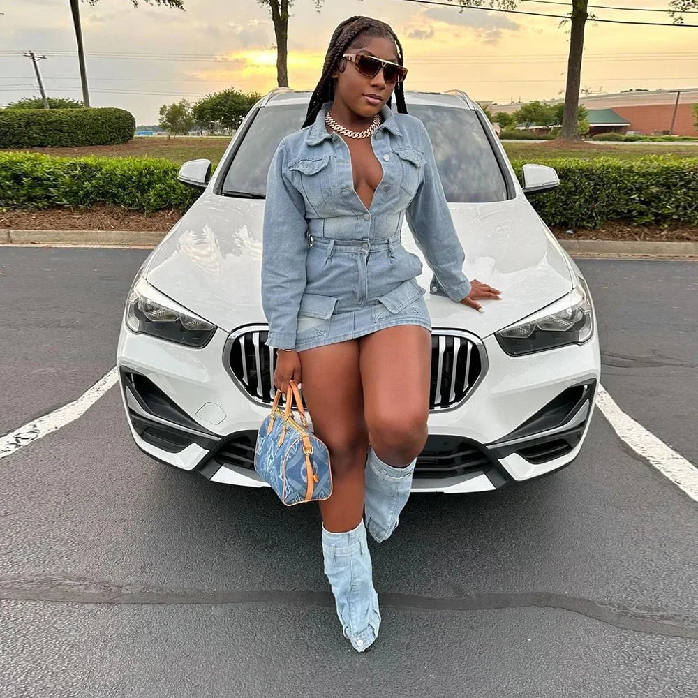 FZ Women's Single Breasted Turn-down Collar Denim Dress