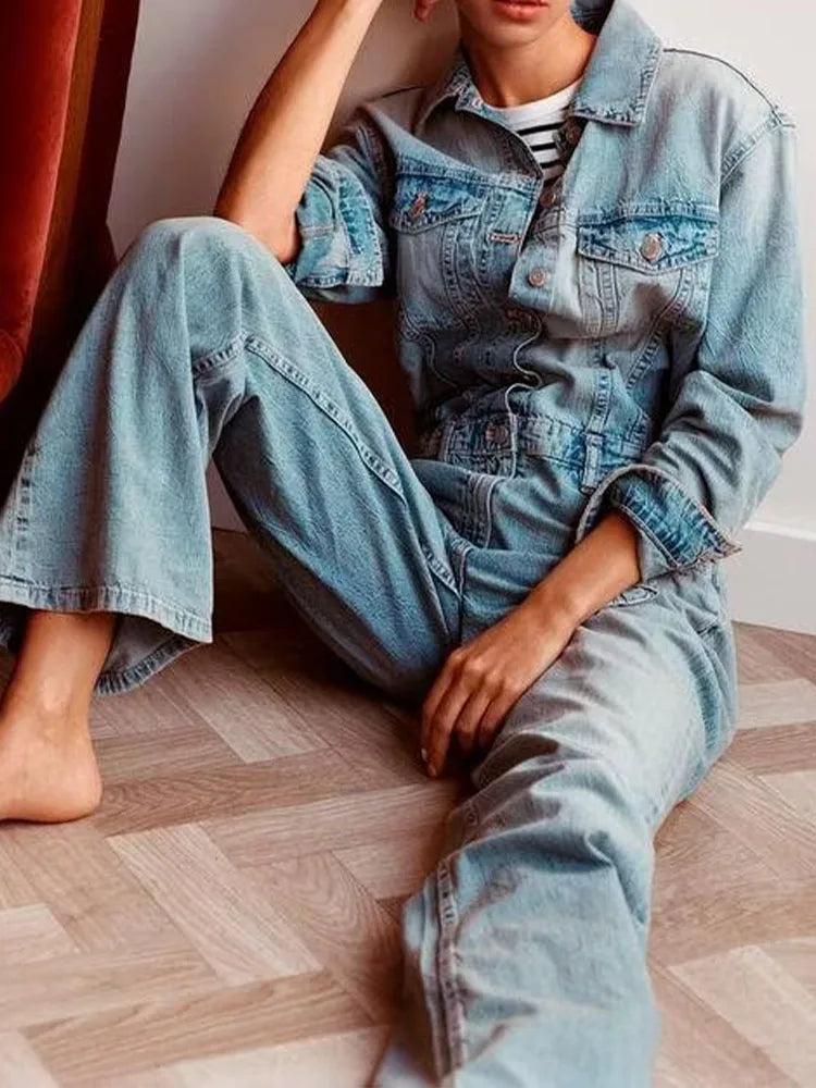 FZ Women's Washed Effect Metal Button Straight Denim Jumpsuit