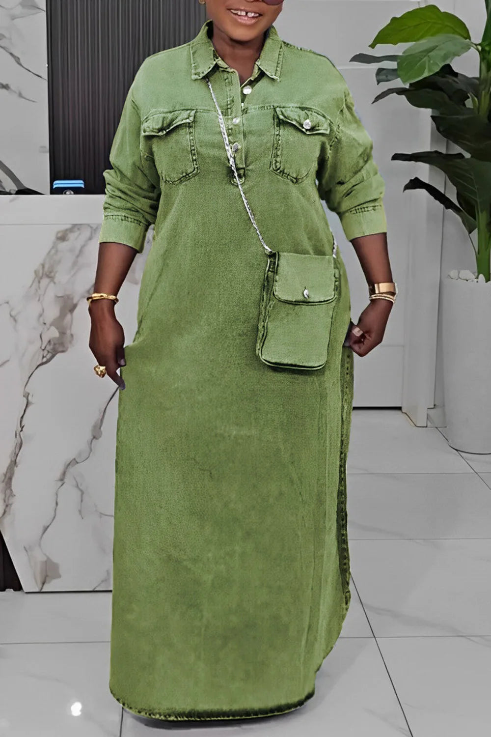 FZ Women's Plus Size Shirt Collar Long Sleeve Button Pocket Maxi Denim Dress