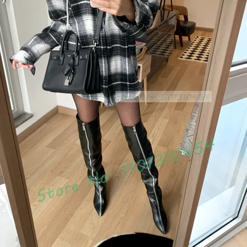 FZ Women's Front-zip Block Heel Thigh High Low Heel Boots