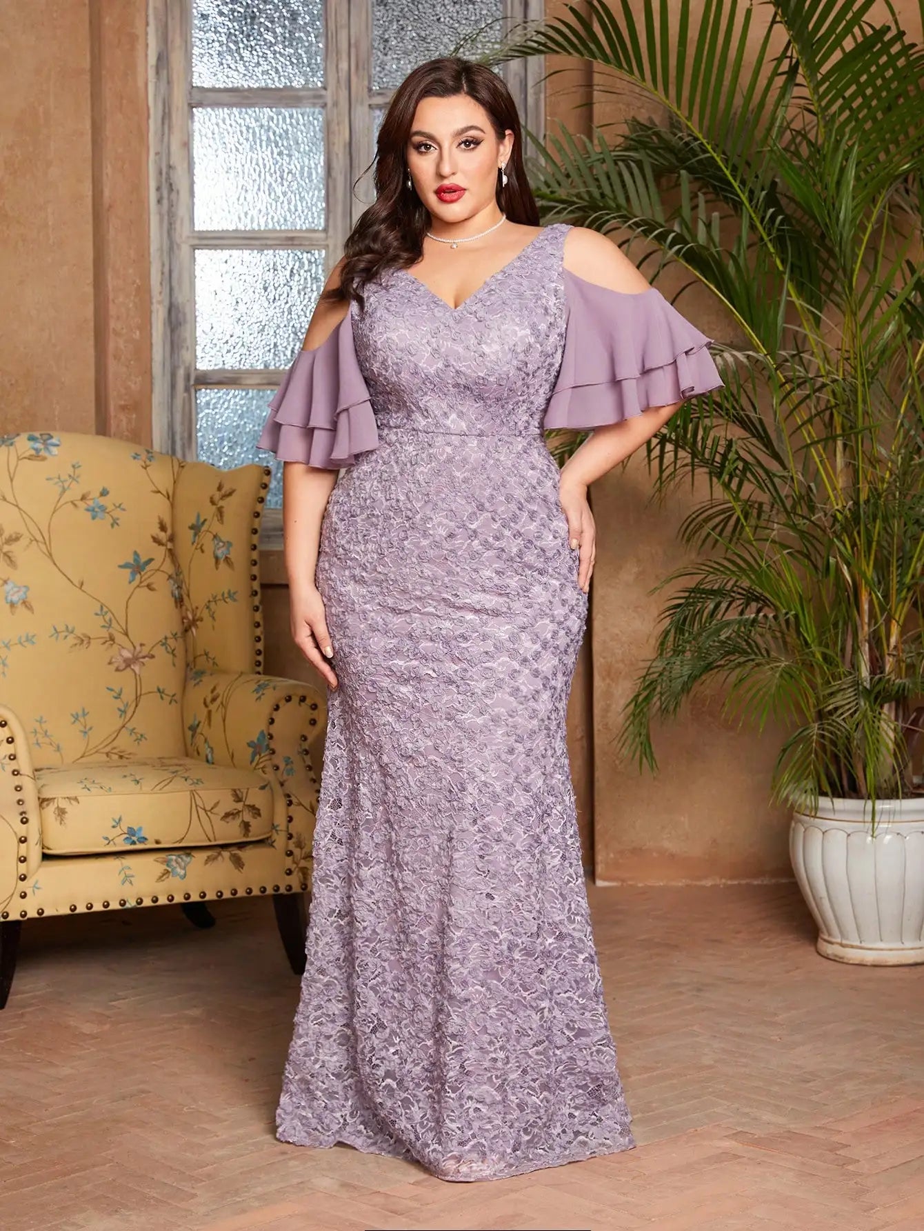 FZ Women's Plus Size lace patchwork Off-The-Shoulder Sleeve Fishtail Evening Dress