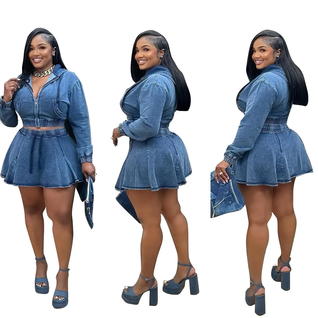 FZ Women's Long Sleeve Hooded Pleated Two Piece Denim Skirt Suit